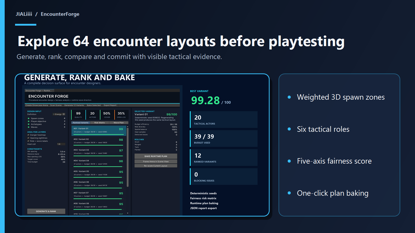 EncounterForge ranked layout workbench showing tactical encounter candidates