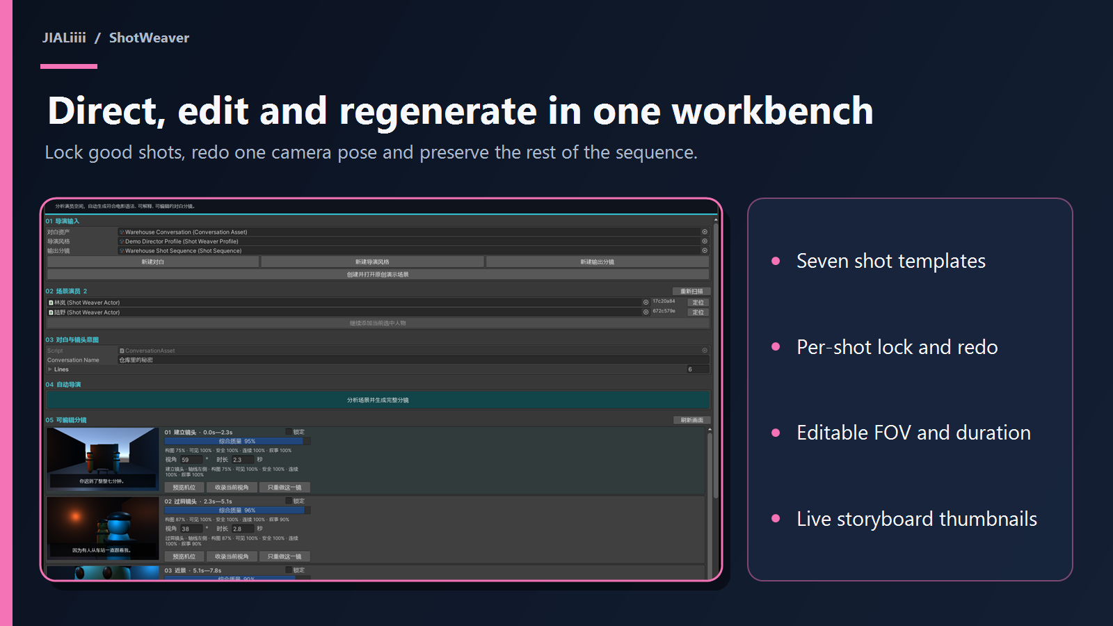 ShotWeaver director workbench with editable generated shots